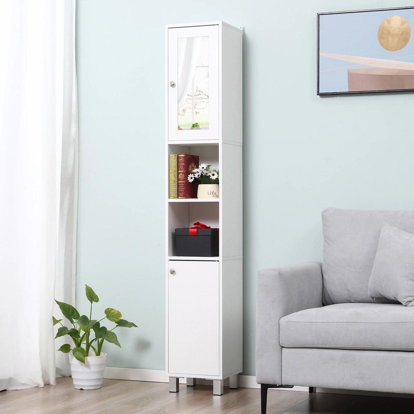 KLEANKIN Tall Freestanding Bathroom Storage Cabinet With Mirror And Adjustable Shelves
