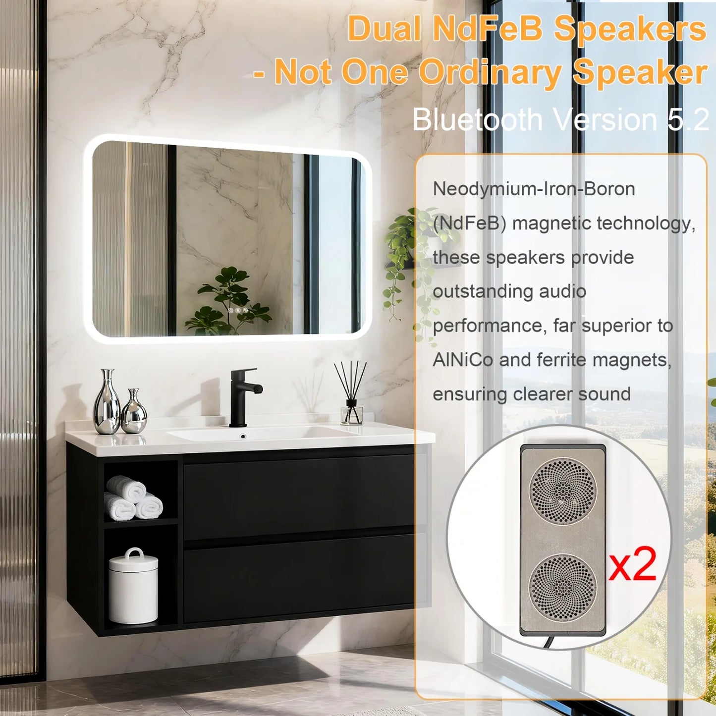 Rectangle LED Bathroom Mirror With Bluetooth Speaker Anti Fog Backlight Dimmable
