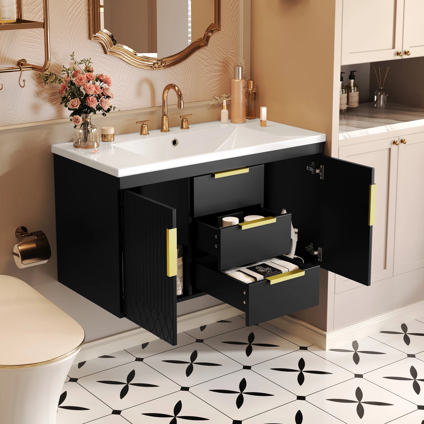 Wall Mounted Floating Bathroom Vanity Cabinet With Drawers Solid Wood