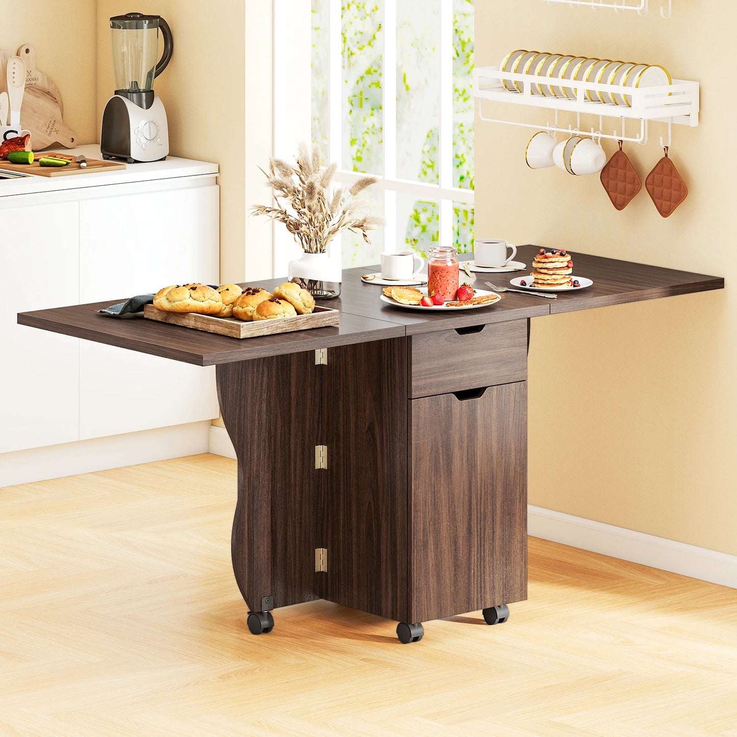 HOMASIS Folding Dining Table With Lockable Wheels Drawers And Cabinets