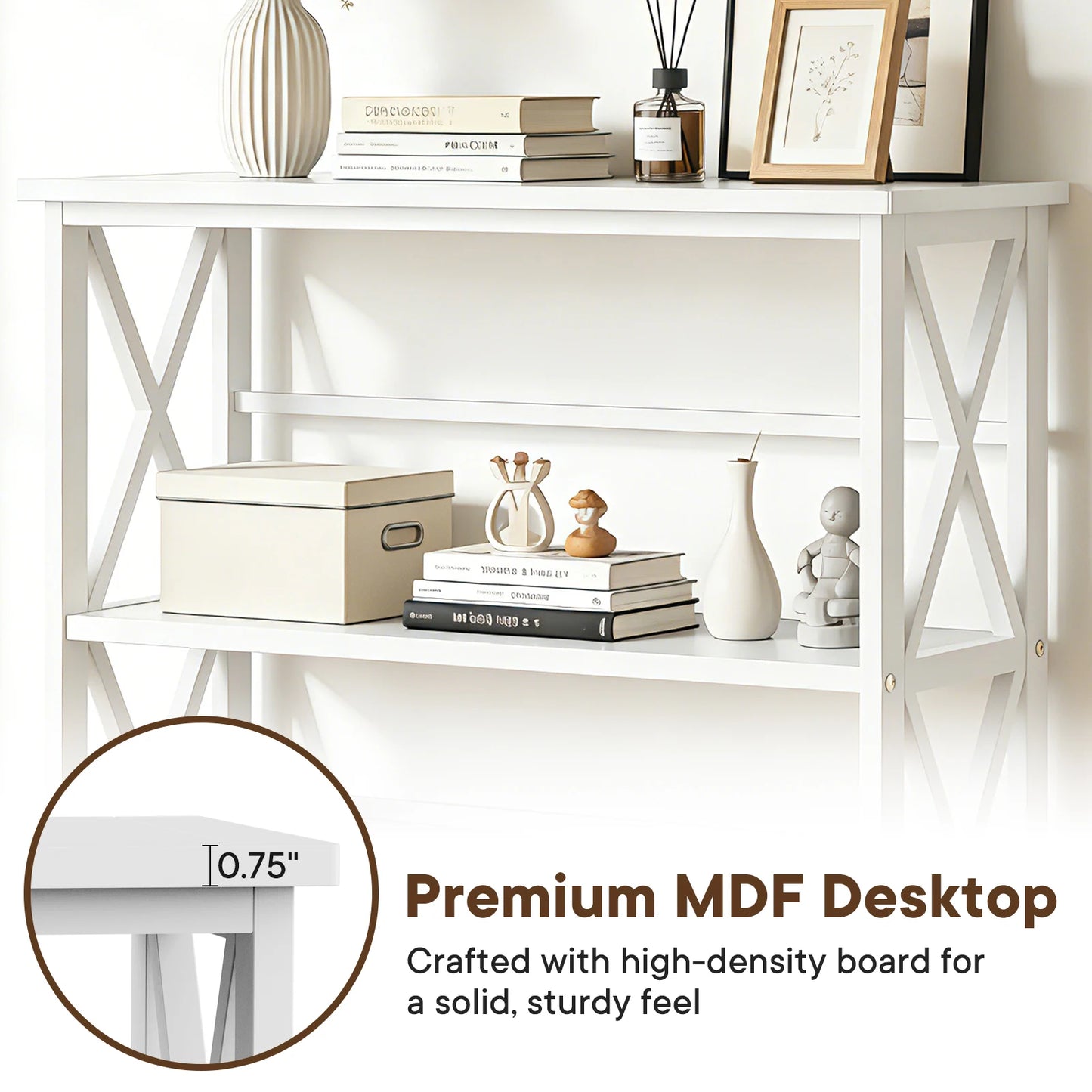JHK 3 Tier Bookshelf with Wood Shelves and X Design