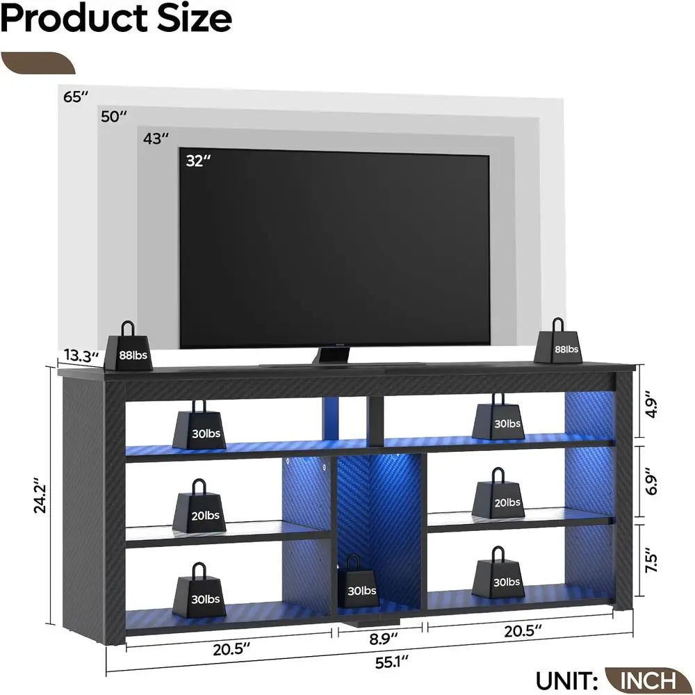 Tall TV Stand With LED Lights And Storage For Gaming Console