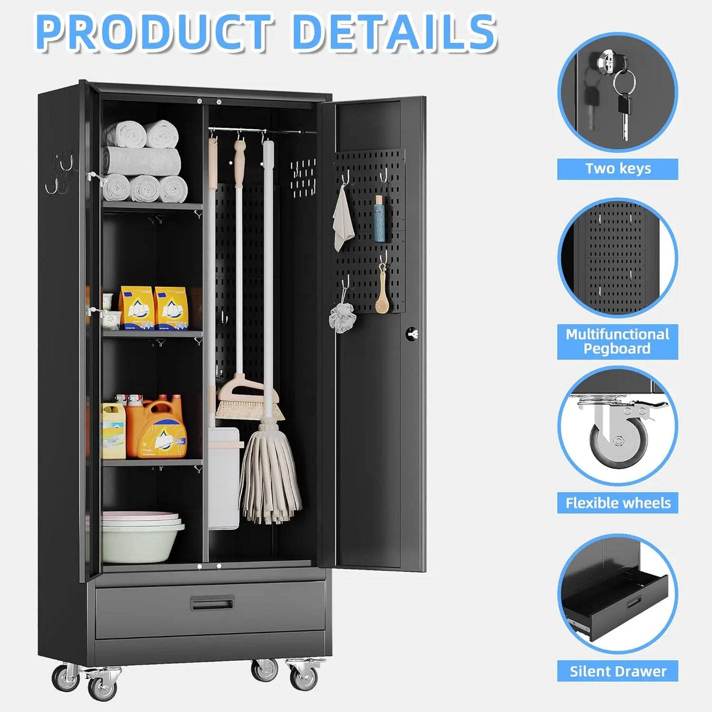 GELU Metal Garage Storage Cabinet On Wheels With Shelves