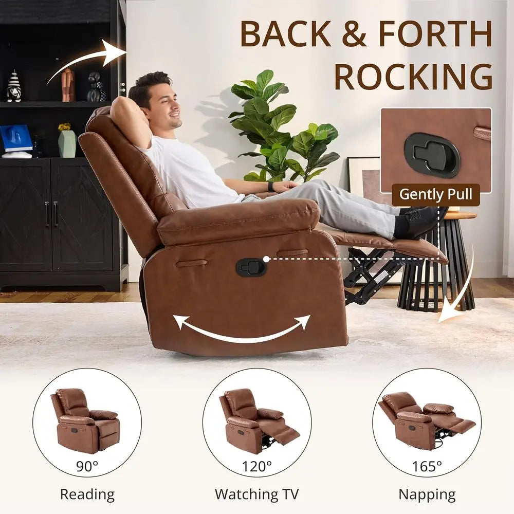 Leather Manual Recliner Chair With Swivel And Rocking Glider