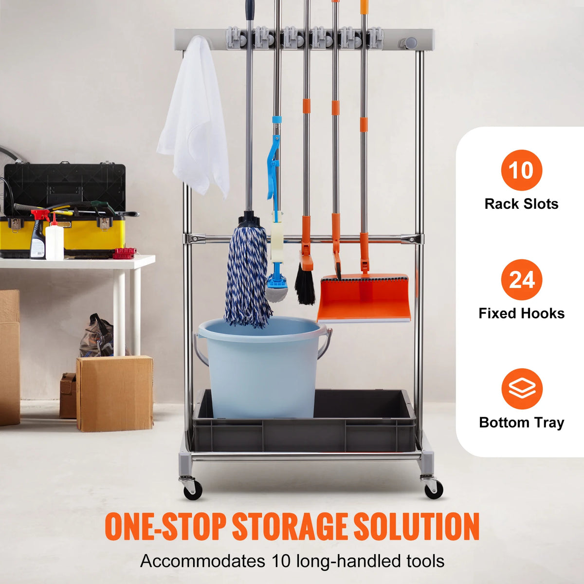 SucceBuy Garden Tool Organizer Rack With Wheels For Garage Storage