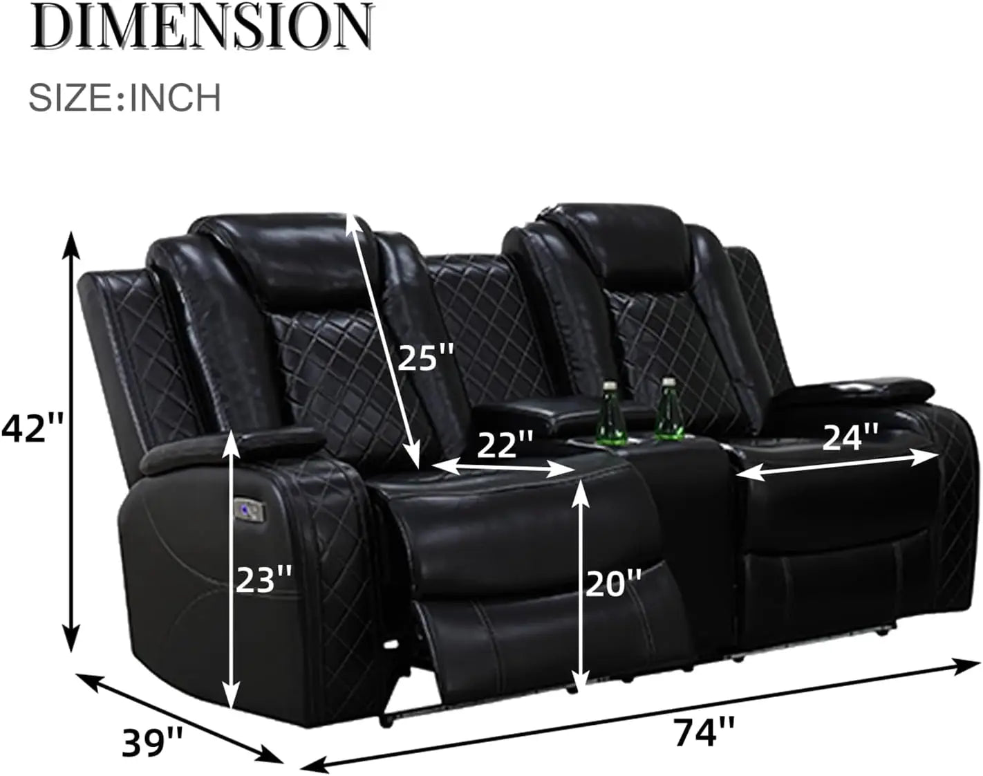 Faux Leather Power Recliner Loveseat With USB Port LED Lights Console