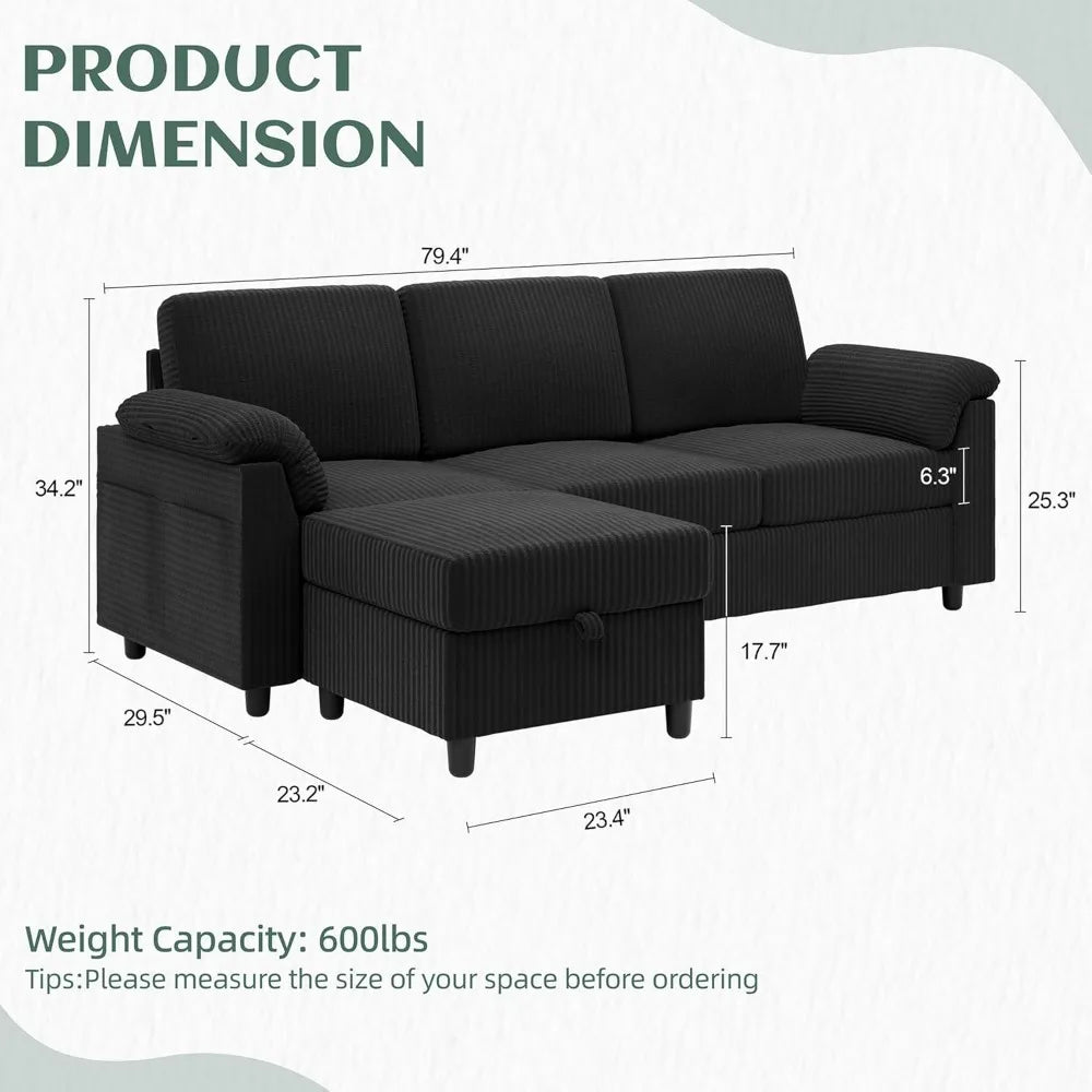 L-Shaped Convertible Sofa With Storage Ottoman And Side Pocket