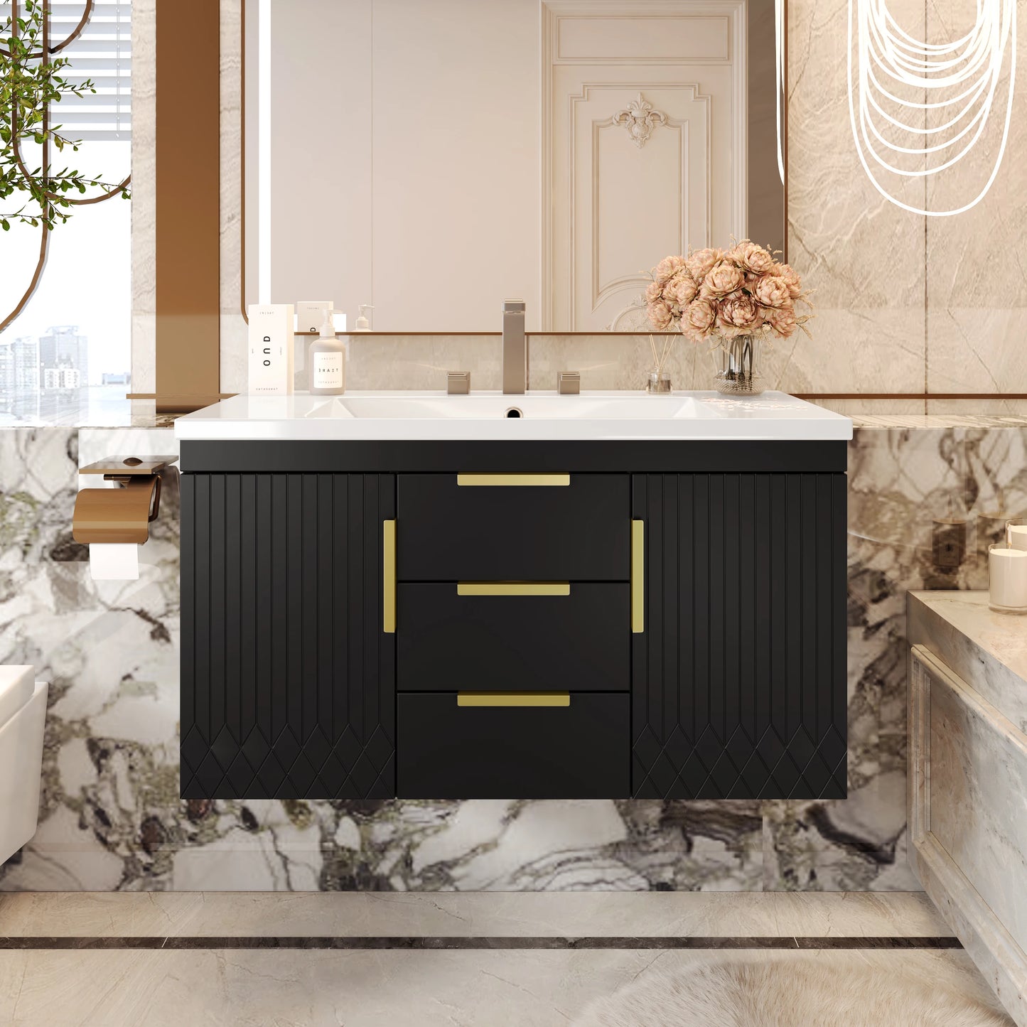 Wall Mounted Floating Bathroom Vanity Cabinet With Drawers Solid Wood