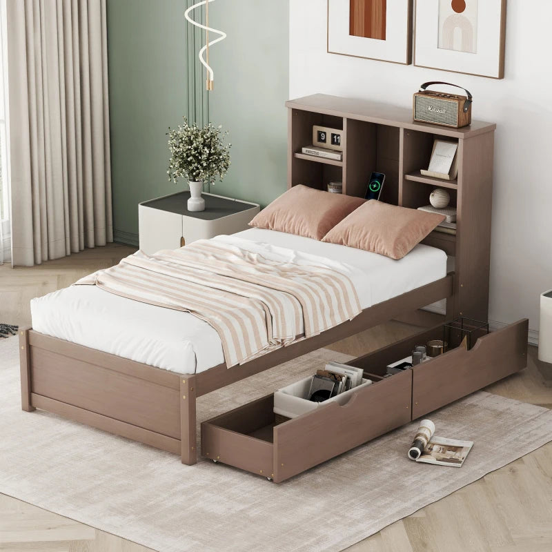 Bed Frame With USB Port On Bookcase Headboard And Drawers
