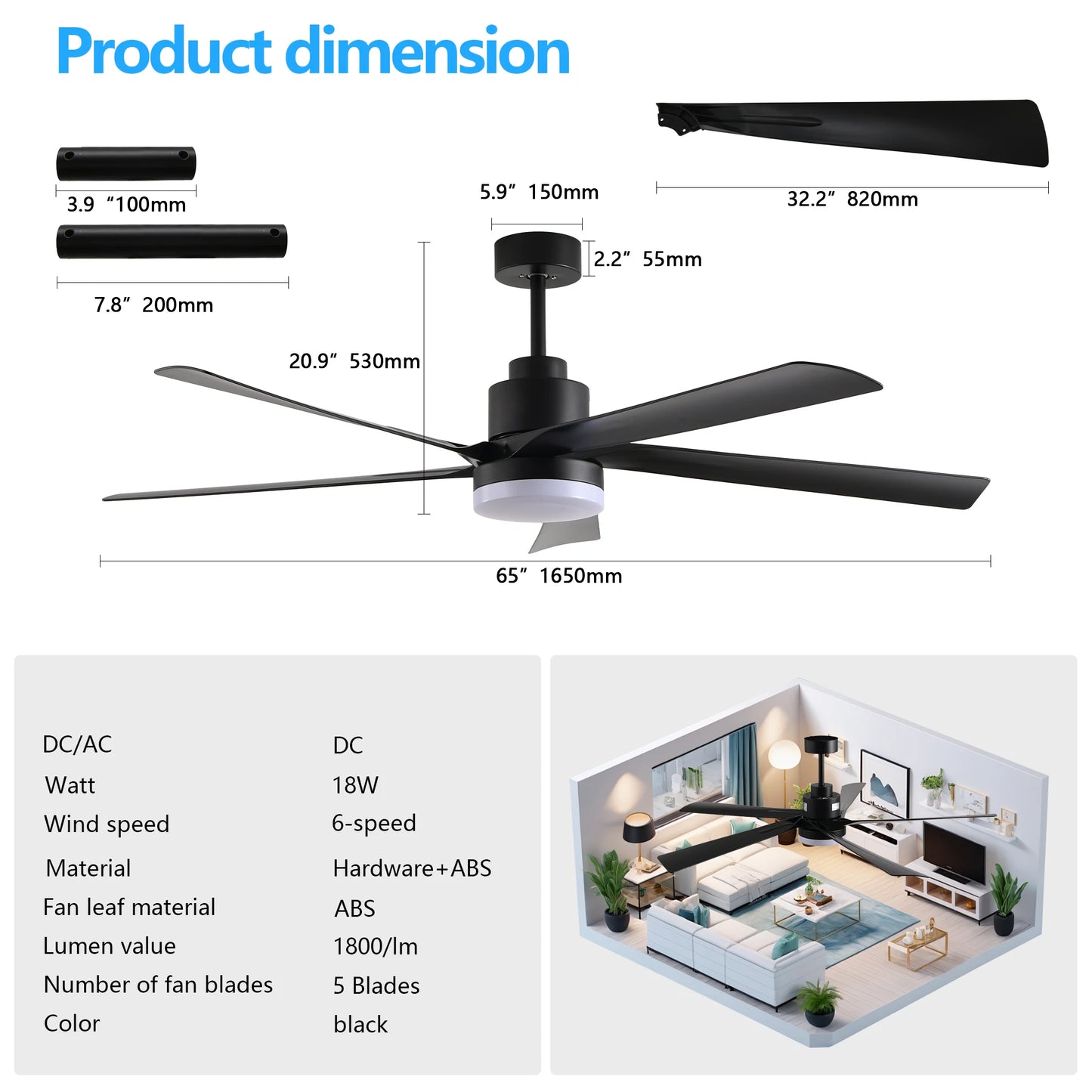 LONGREE Ceiling Fan With Light Remote Control Dimmable 6 Speed