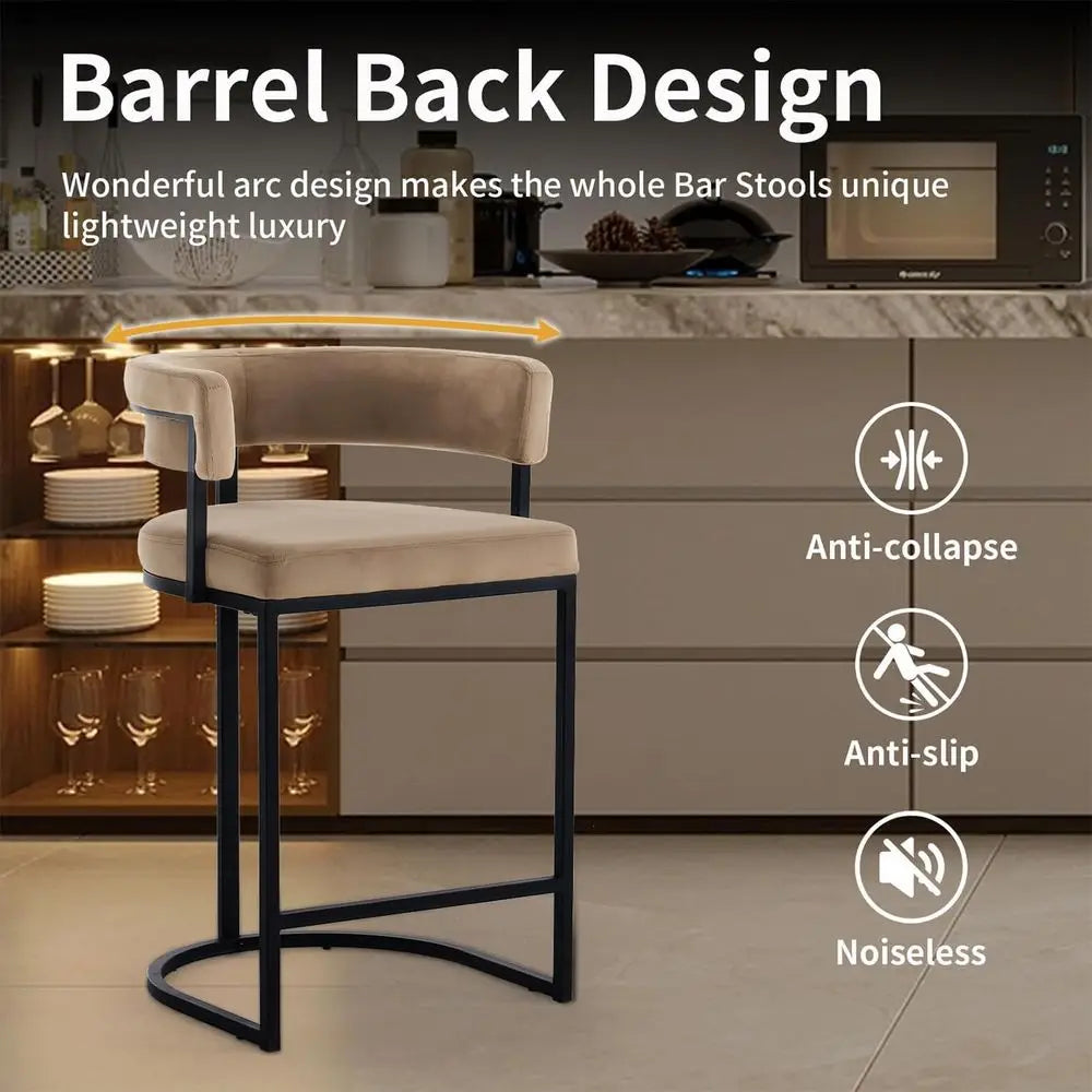 Velvet Bar Stools With Barrel Backrest and Metal Footrest