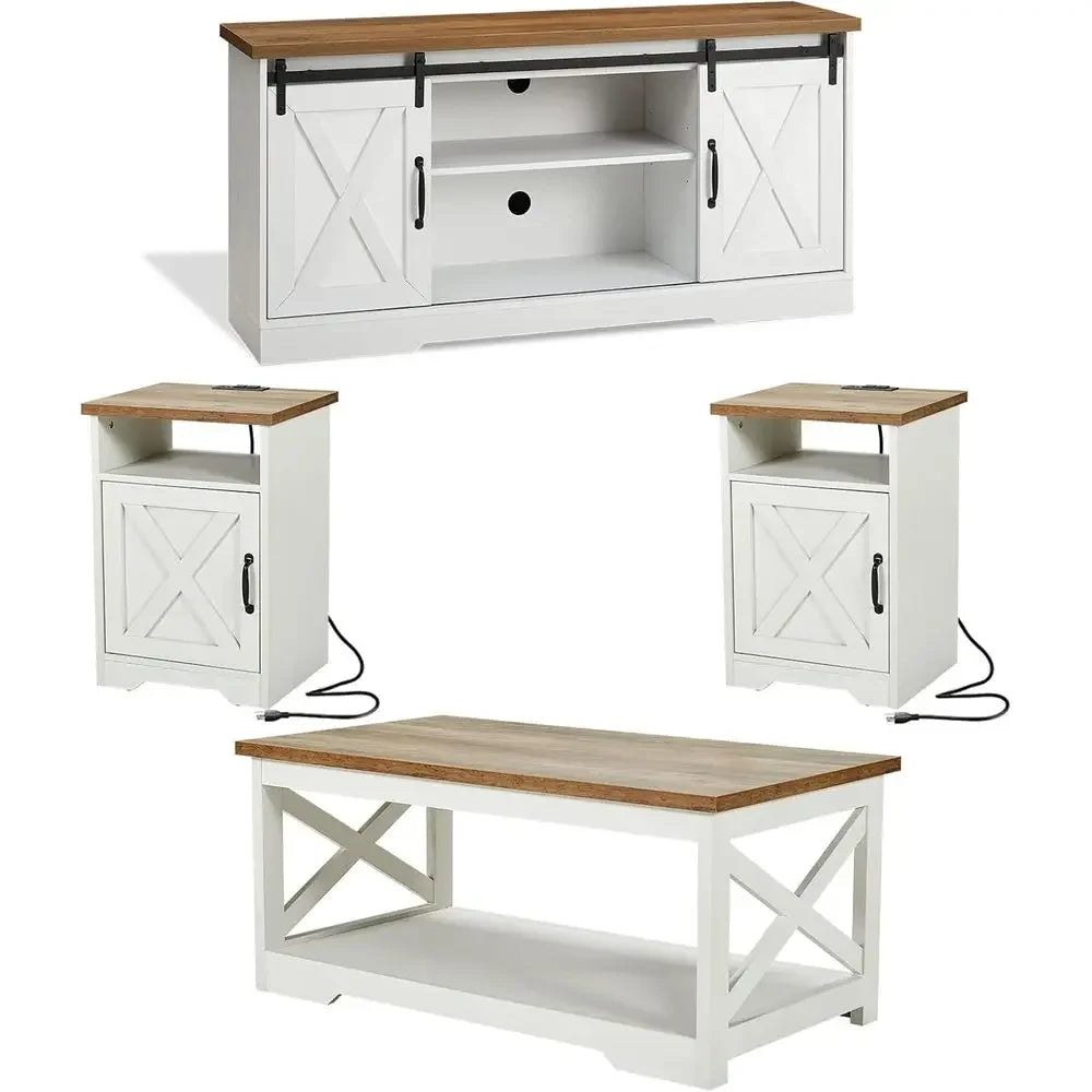 Sliding Door TV Stand Coffee Table End Tables Side Table With Charging Ports