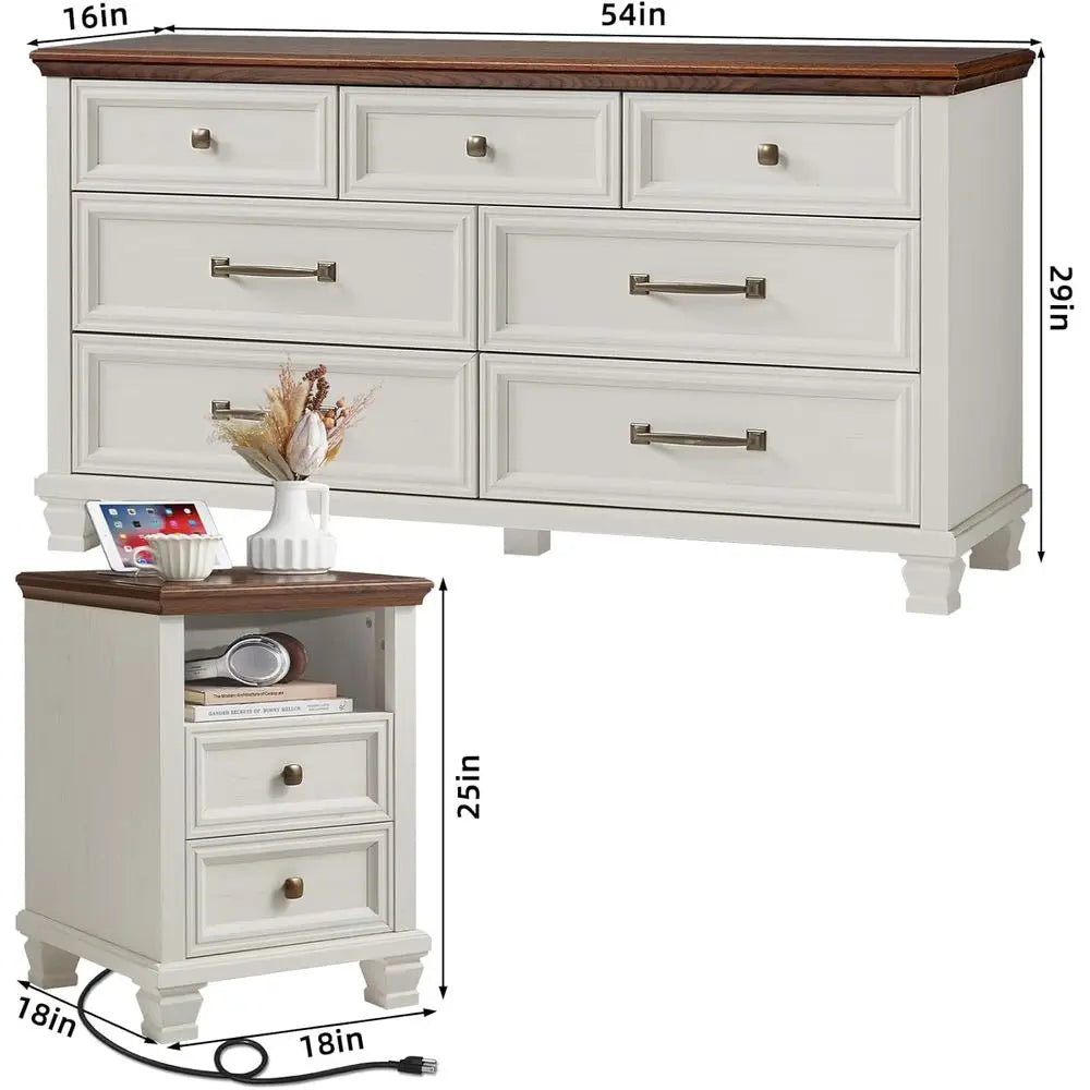 Rustic White Wood Bedroom Furniture Set With 7 Drawer Dresser And 2 Nightstands
