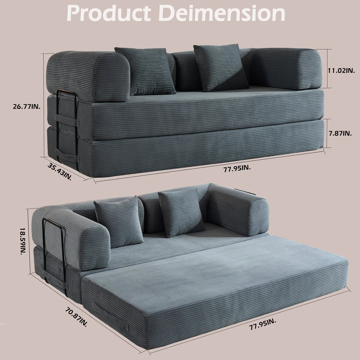 THOLASIS Folding Convertible Sofa Bed Oversized Corduroy Futon Floor Couch