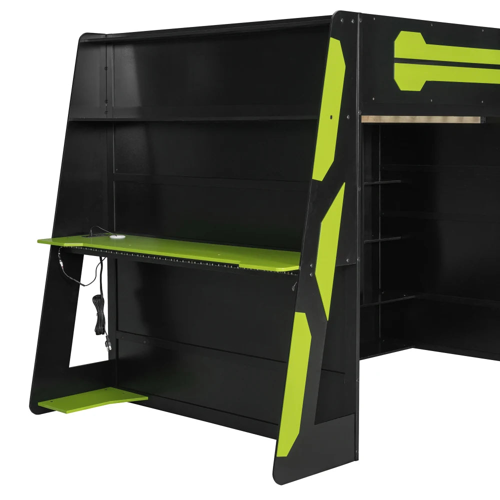Solid Wood Loft Bed With Desk And Multi Storage Shelves