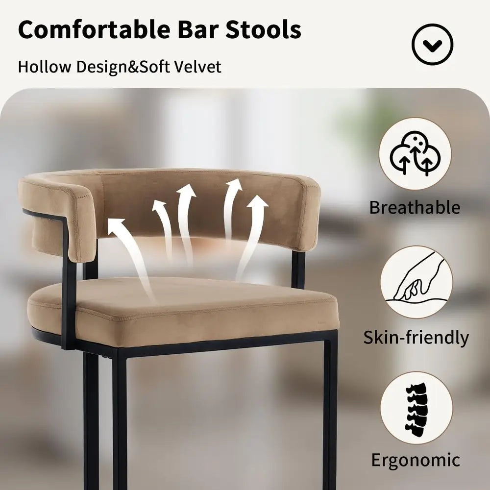 Velvet Bar Stools With Barrel Backrest and Metal Footrest