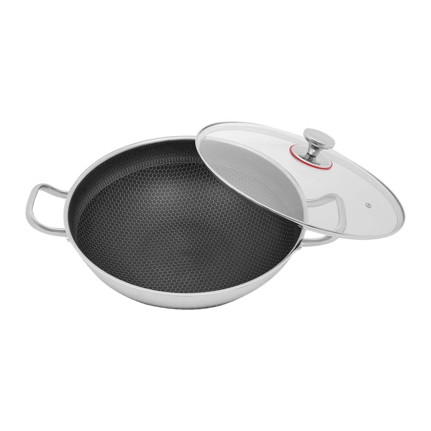 Stainless Steel Nonstick Wok Pan With Tempered Glass Lid For Open Flame
