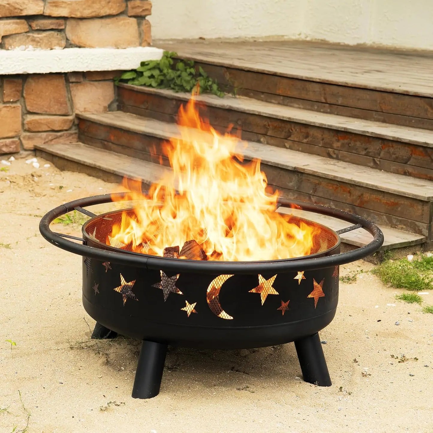 Metal Wood Burning Fire Pit With Mesh Cover Fire Poker