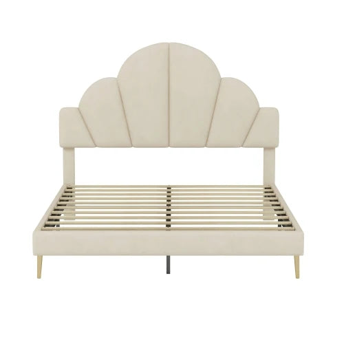 Velvet Upholstered Bed Frame With Petal Headboard And Nightstands