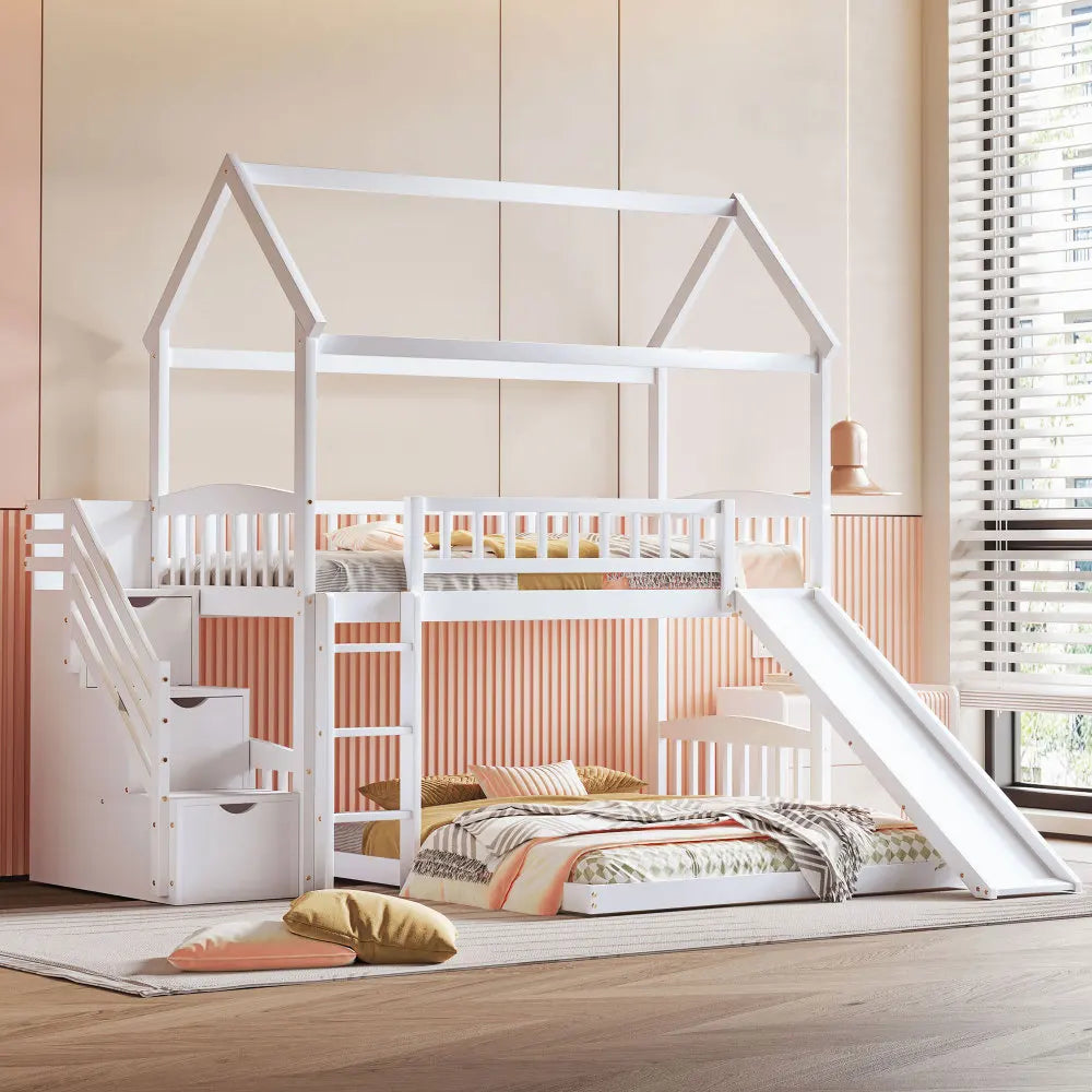 Twin Over Full House Bunk Bed With Slide Pine Frame