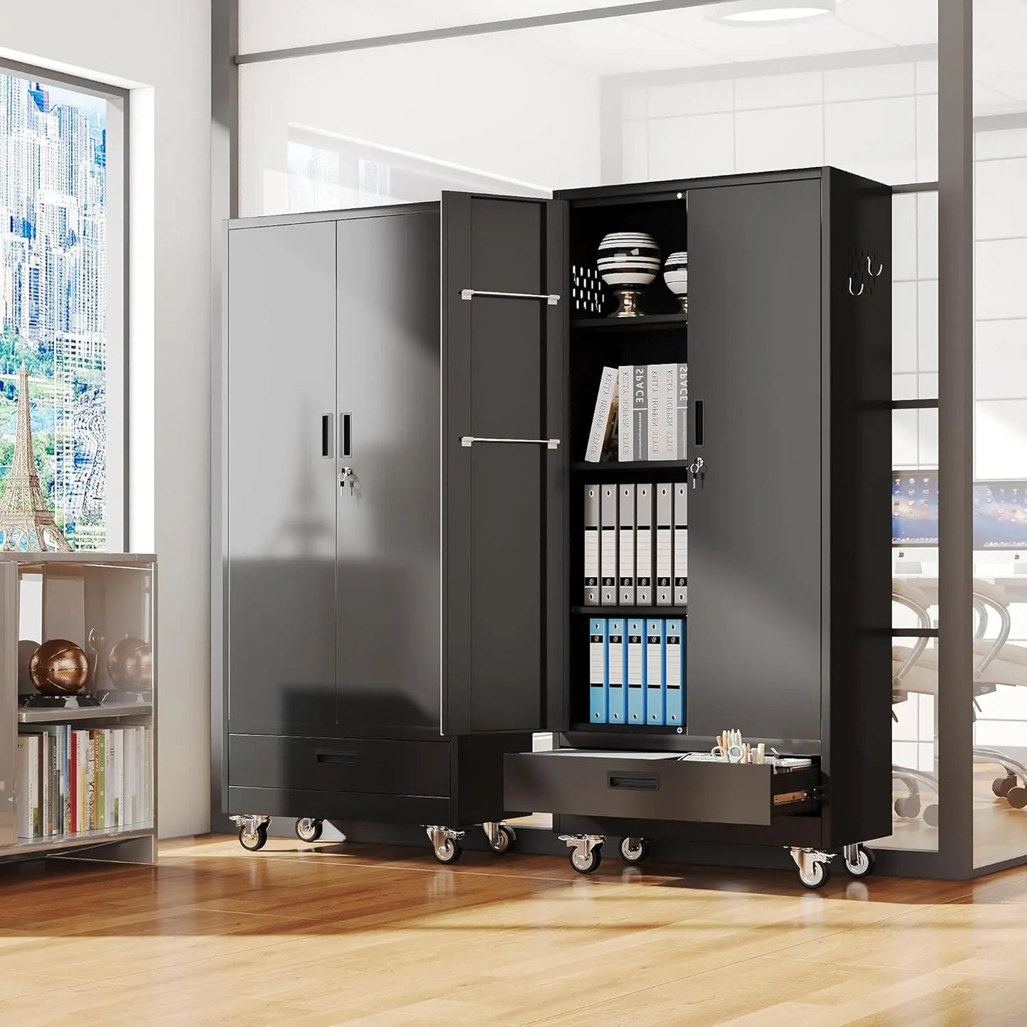 GELU Metal Garage Storage Cabinet On Wheels With Shelves