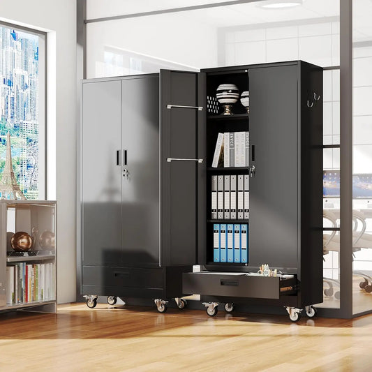 GELU Metal Garage Storage Cabinet On Wheels With Shelves