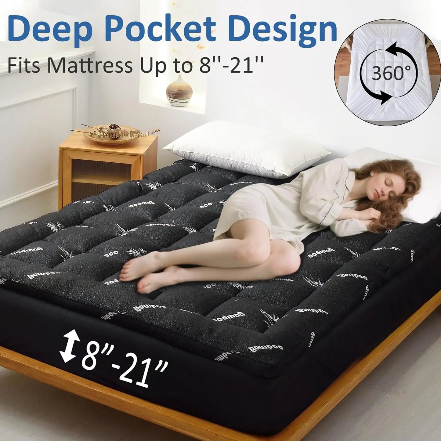 Cooling Bamboo Mattress Topper Extra Thick Breathable Deep Pocket Pad
