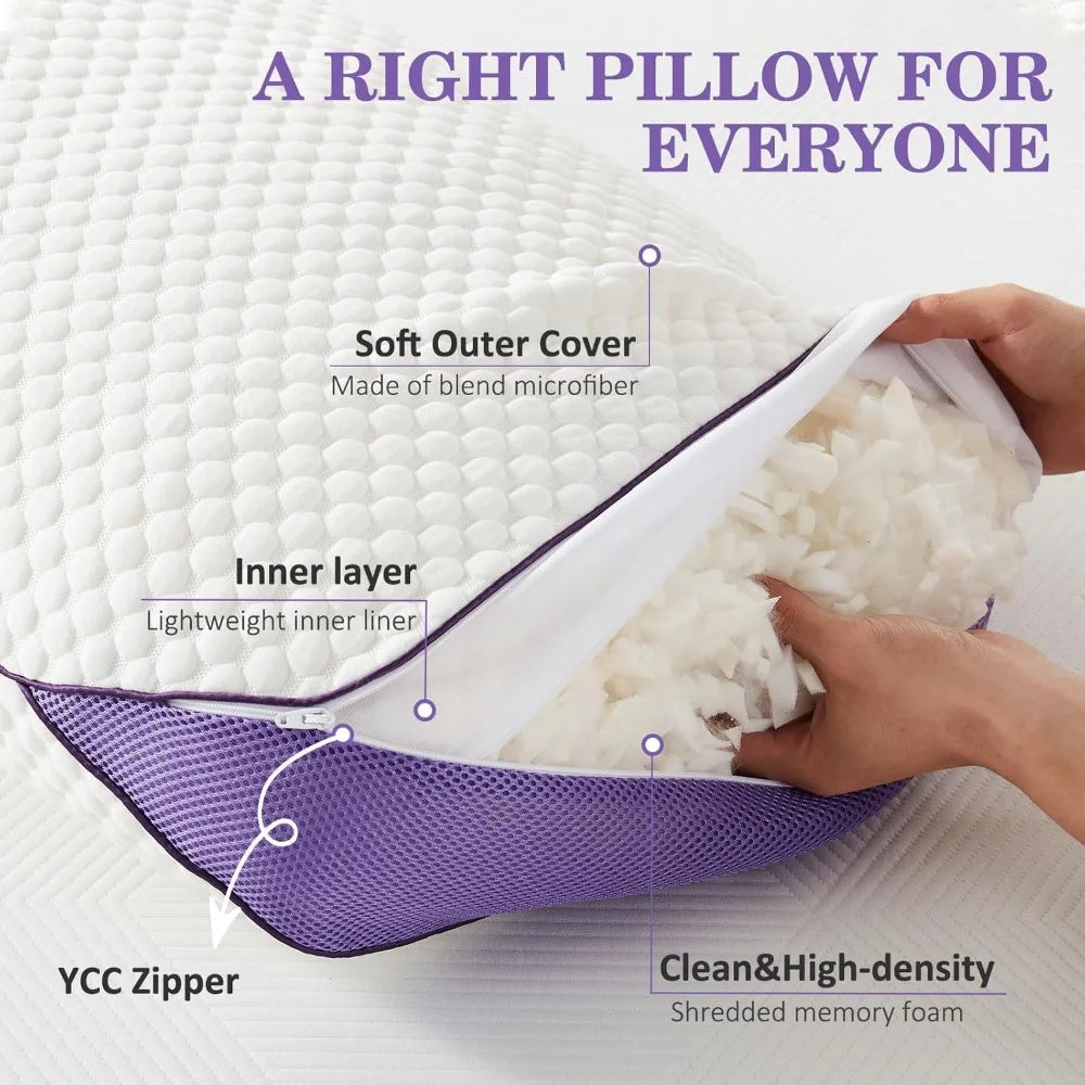 Adjustable Shredded Memory Foam Pillows Cooling Removable Cover 2 Pack