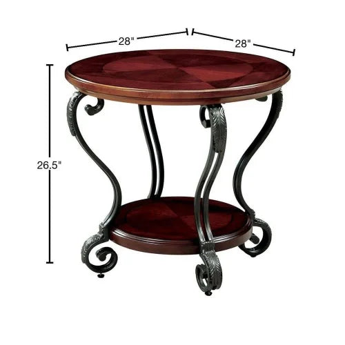 Traditional Brown Cherry End Table With Open Bottom Shelf And Ornate Scroll Legs