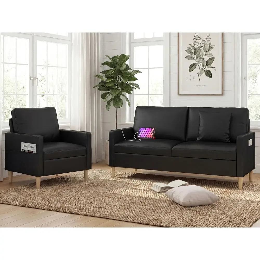 XMSJ Faux Leather Sofa With USB Mid Century Tufted Loveseat