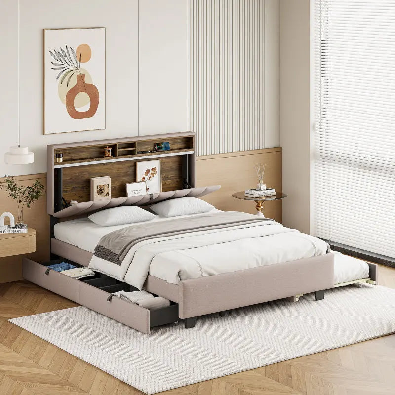 Upholstered Platform Bed With Storage Headboard And USB Ports