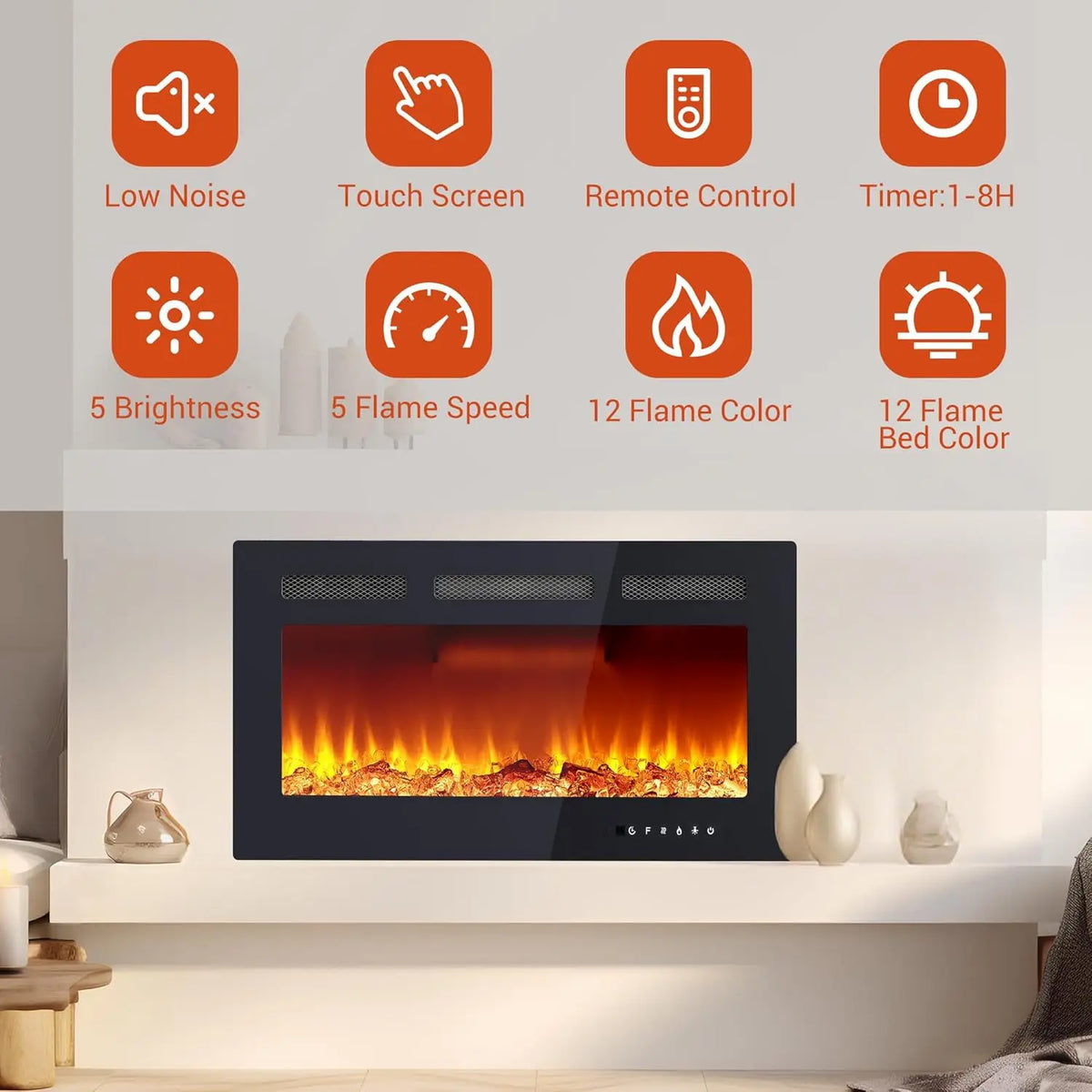 Wall Mounted Electric Fireplace Insert Heater With Remote Control