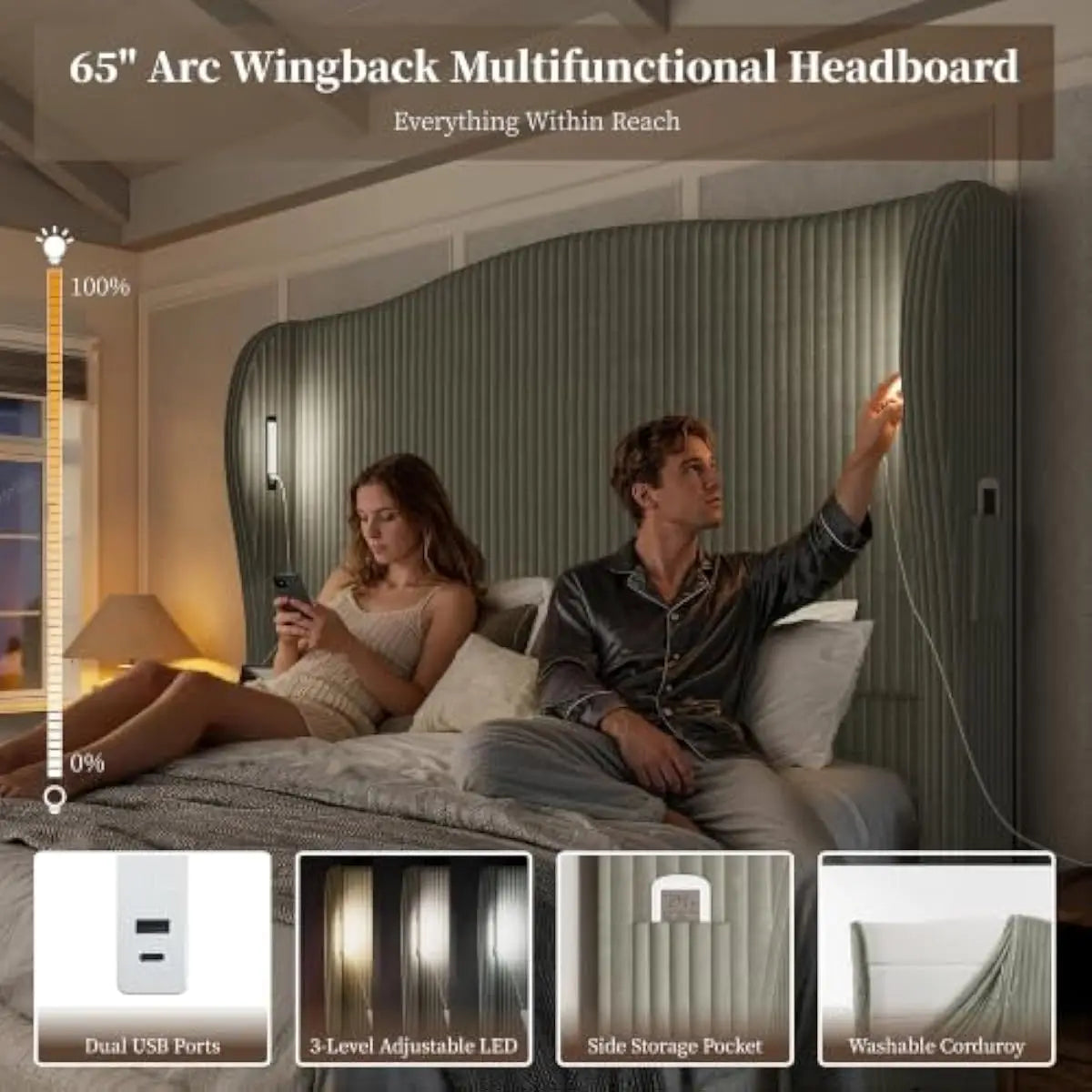 Upholstered Bed With Tall Wingback Headboard, LED Lighting And Storage