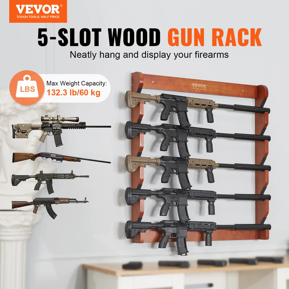 Wood Wall Mount Gun Rack Holds Five Rifles And Shotguns