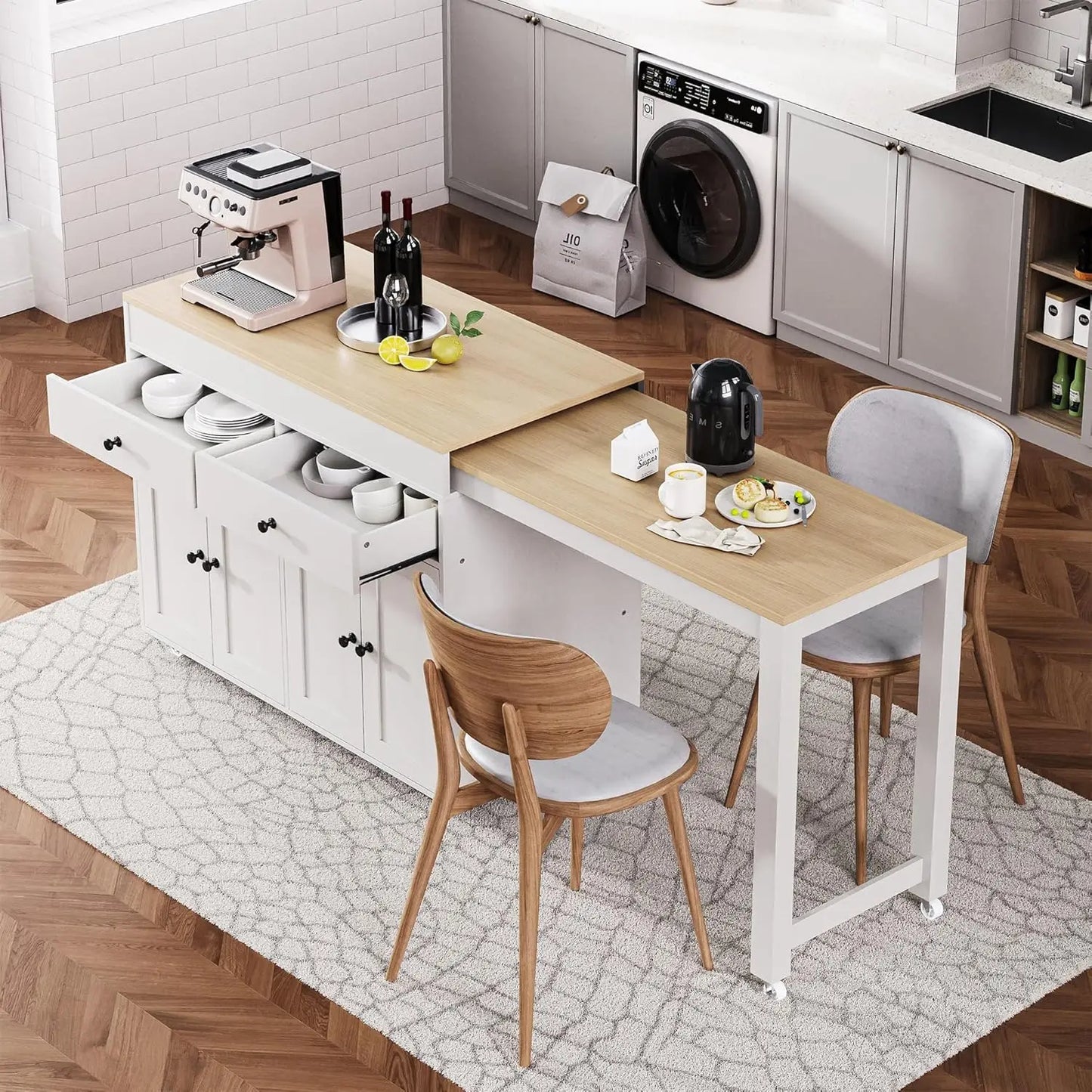 Extendable Kitchen Island With Rolling Cart And Spice Rack