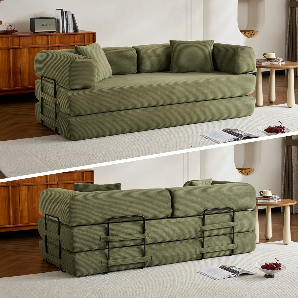 THOLASIS Folding Convertible Sofa Bed Oversized Corduroy Futon Floor Couch
