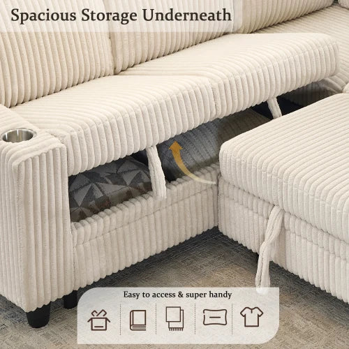 L Shaped Sectional Sofa Bed With USB Charging And Storage