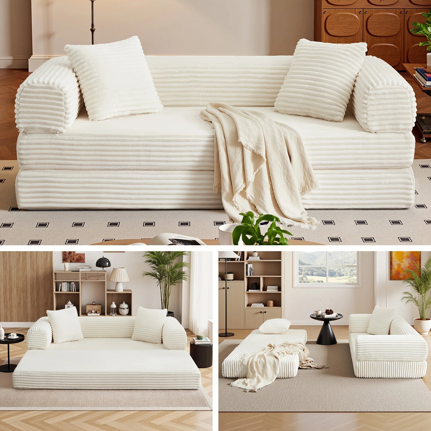 PIYRQ Sofa Bed Boneless Couch With Pull Out Sleeper And Corduroy Upholstery