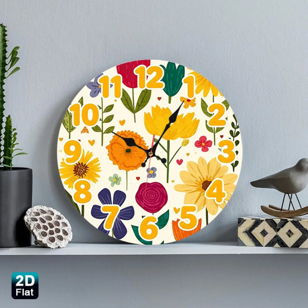 Wooden Wall Clock With Floral Art Design Silent Battery Powered