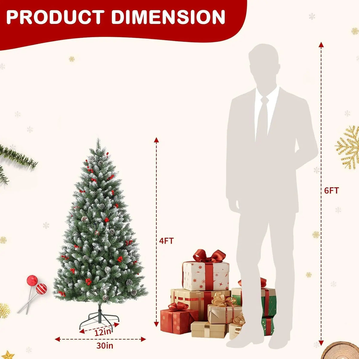 HiMISS Snow Flocked Artificial Christmas Tree With Pine Cones