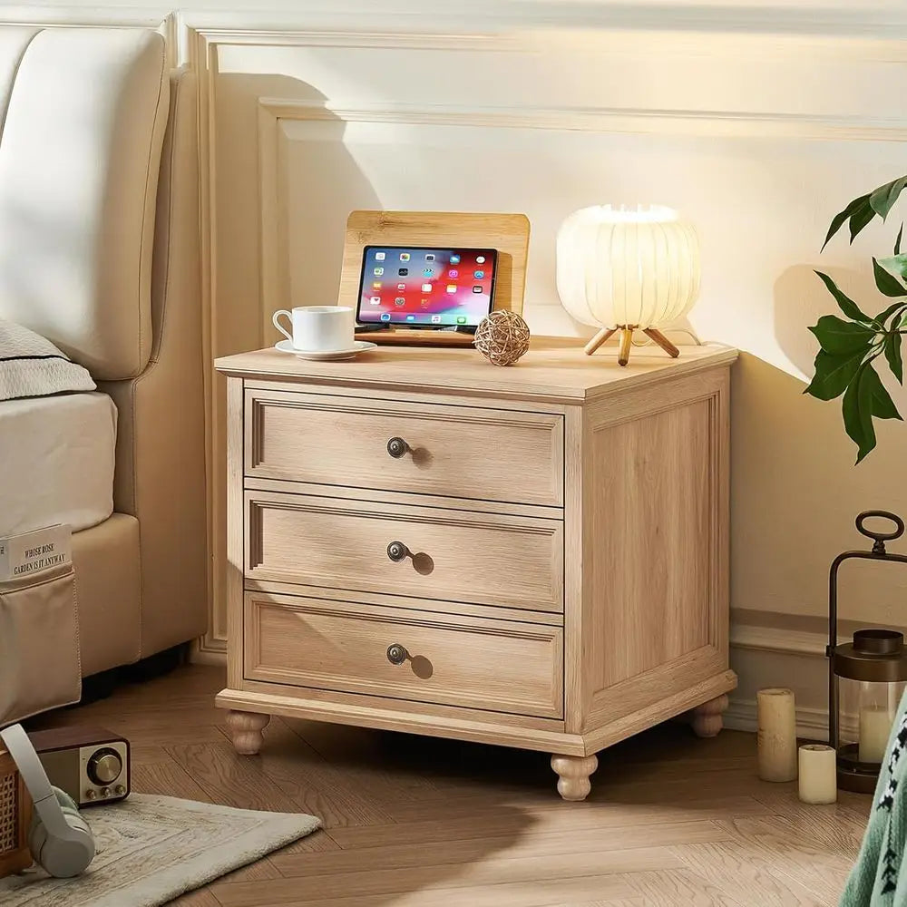 Farmhouse Nightstand Set of 2 with Three Drawers Metal Handles