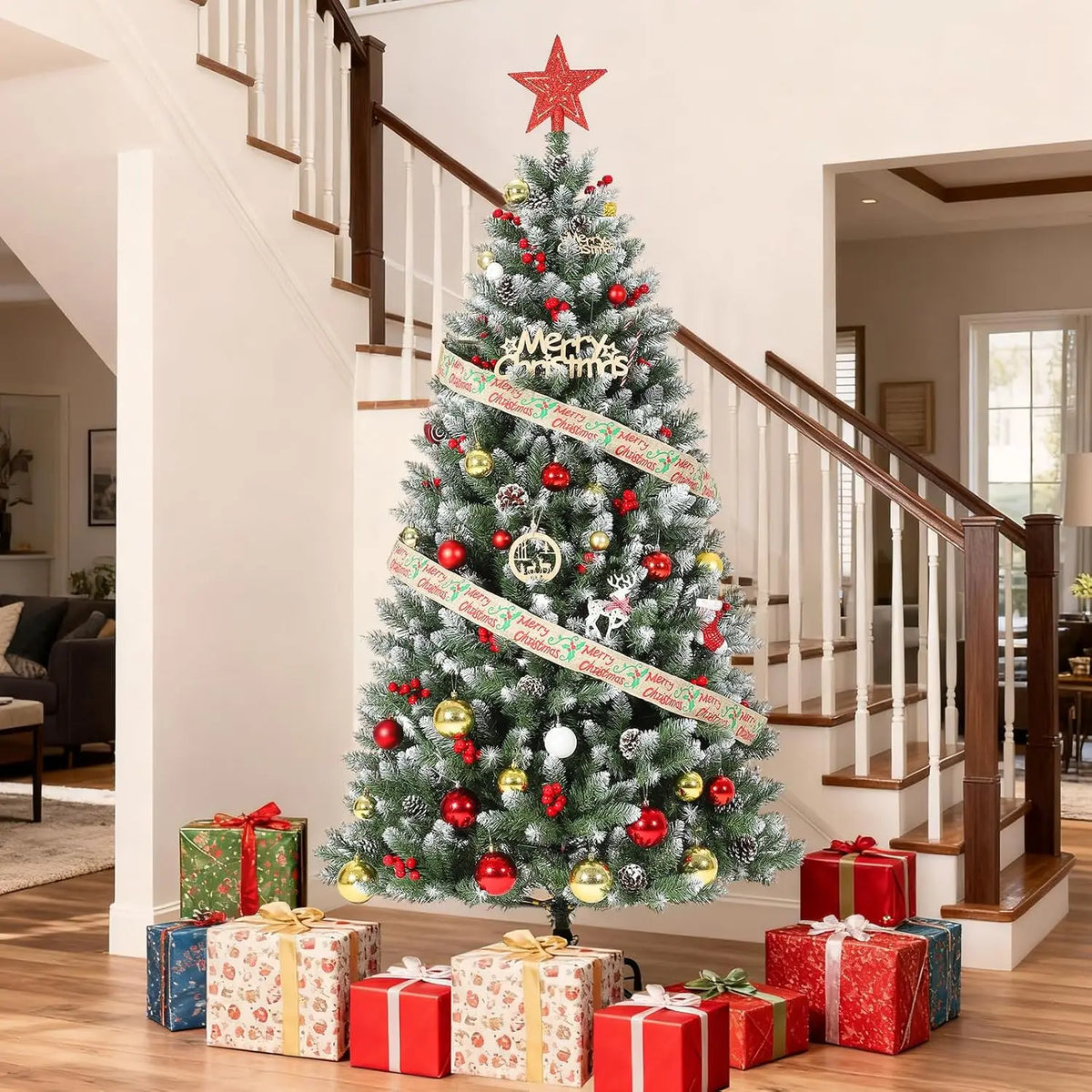 HiMISS Snow Flocked Artificial Christmas Tree With Pine Cones