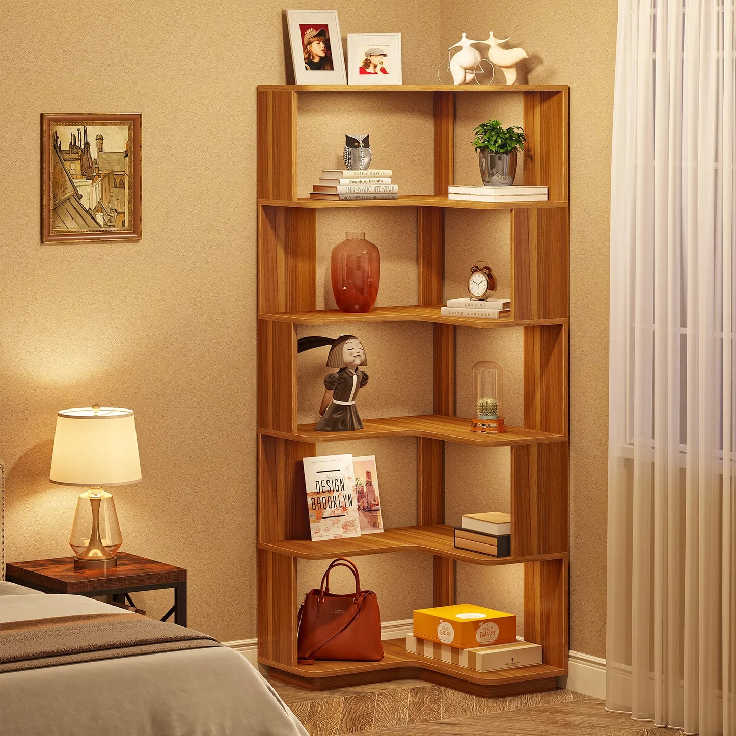 Tribesigns Six Tier Corner Bookshelf With Anti Drop Panel Wood Grain