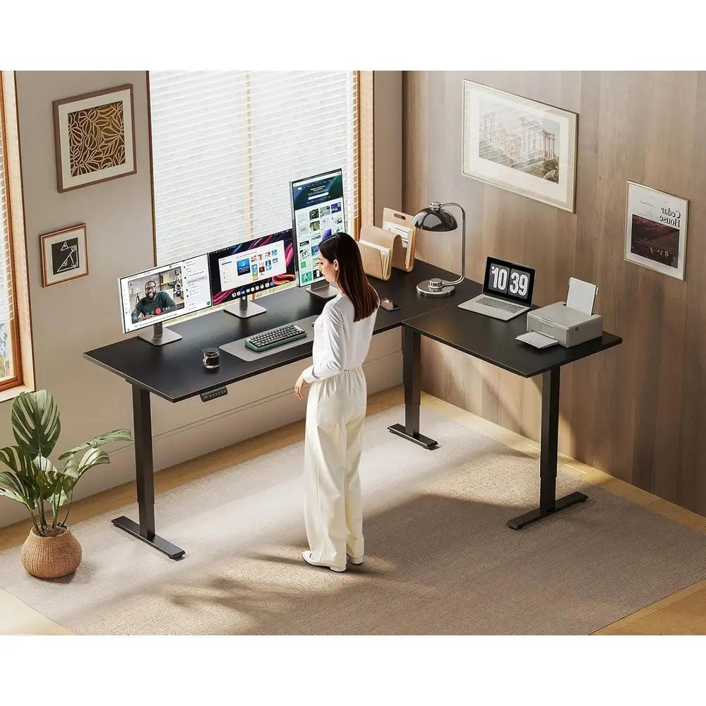 Electric L Shaped Height Adjustable Standing Desk For Home Office