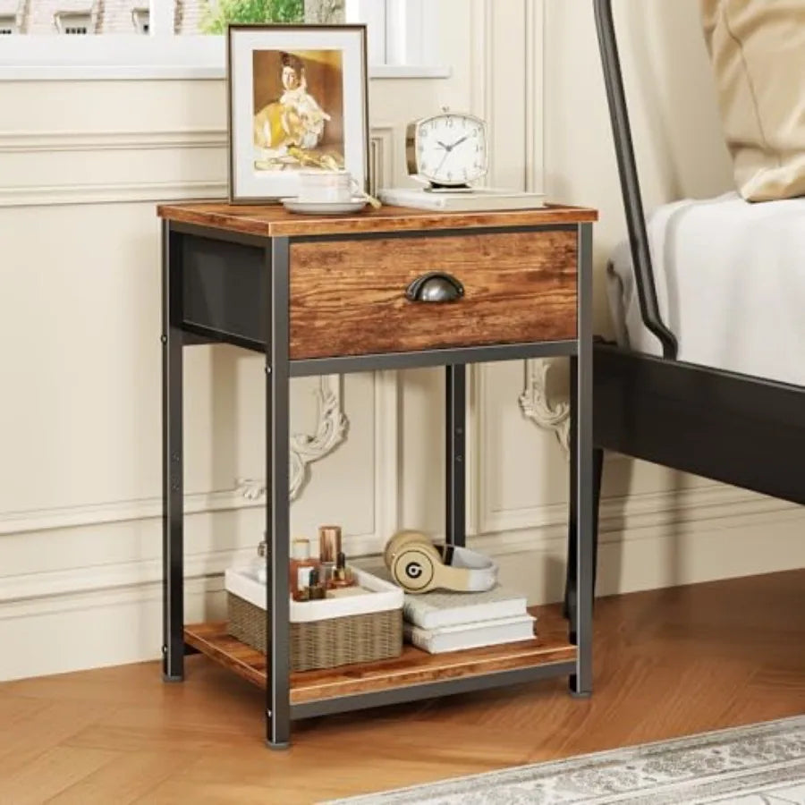 Retro Nightstand Set With Fabric Drawer And Storage Shelf