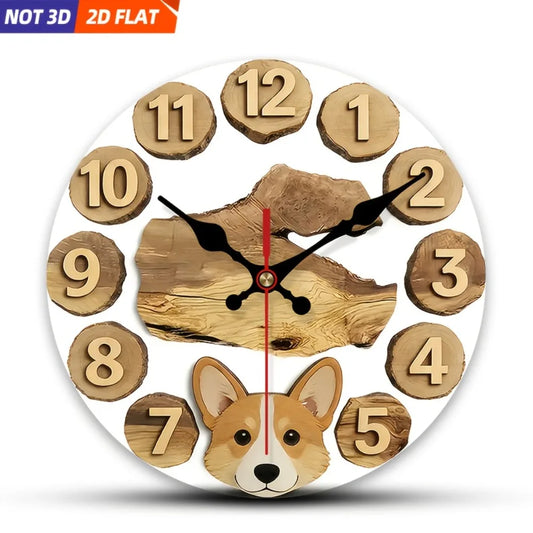 Corgi Themed Wooden Wall Clock Silent Decorative 2D Print