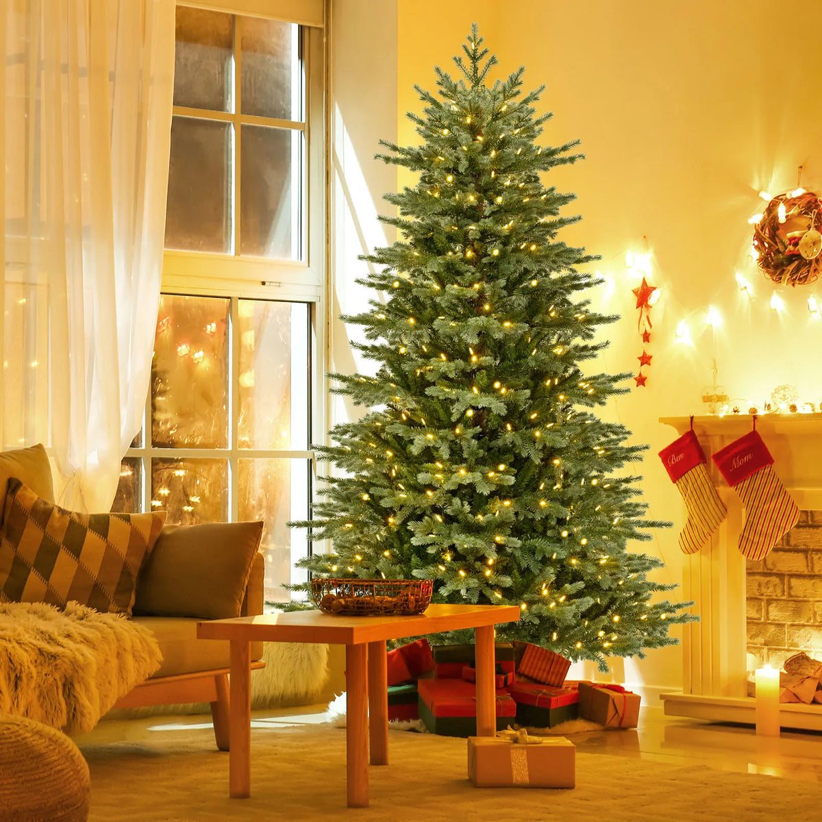 LIFEZEAL Pre Lit Artificial Christmas Tree With Hinged Spruce Branches