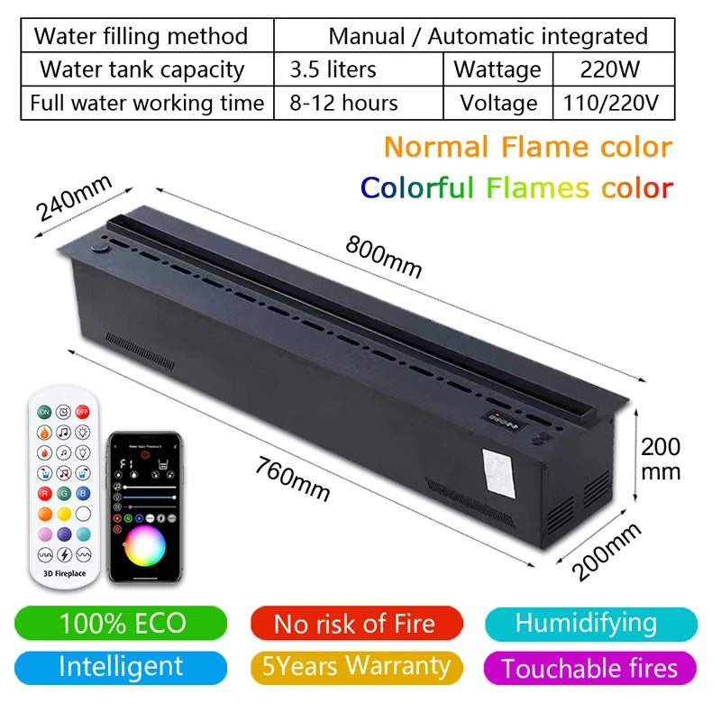 AFLYEVER Atomizing Fireplace Simulated Flame Humidifier With App Remote Control