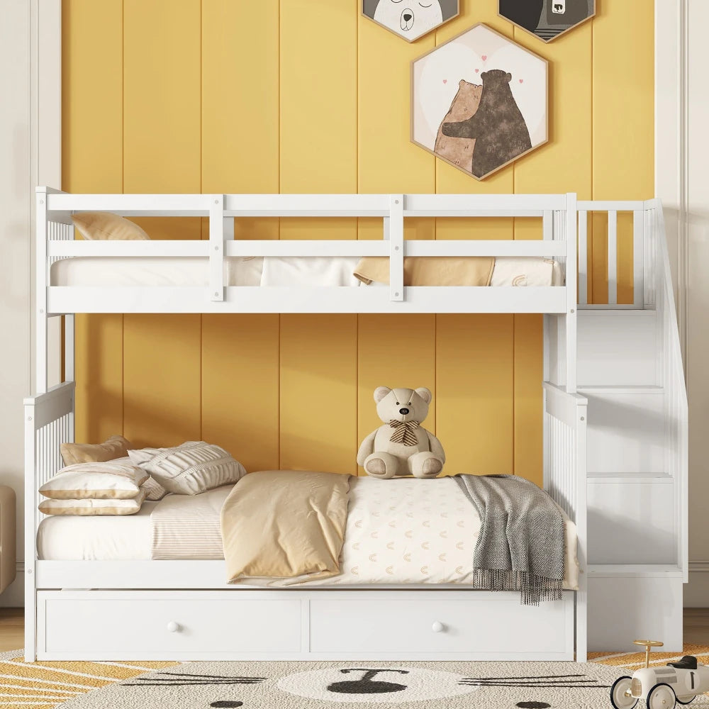 Twin Over Full Bunk Bed With Trundle Storage And Guardrail