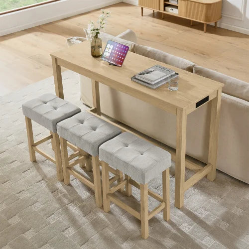 Solid Wood And MDF Dining Table Set With Upholstered Stools